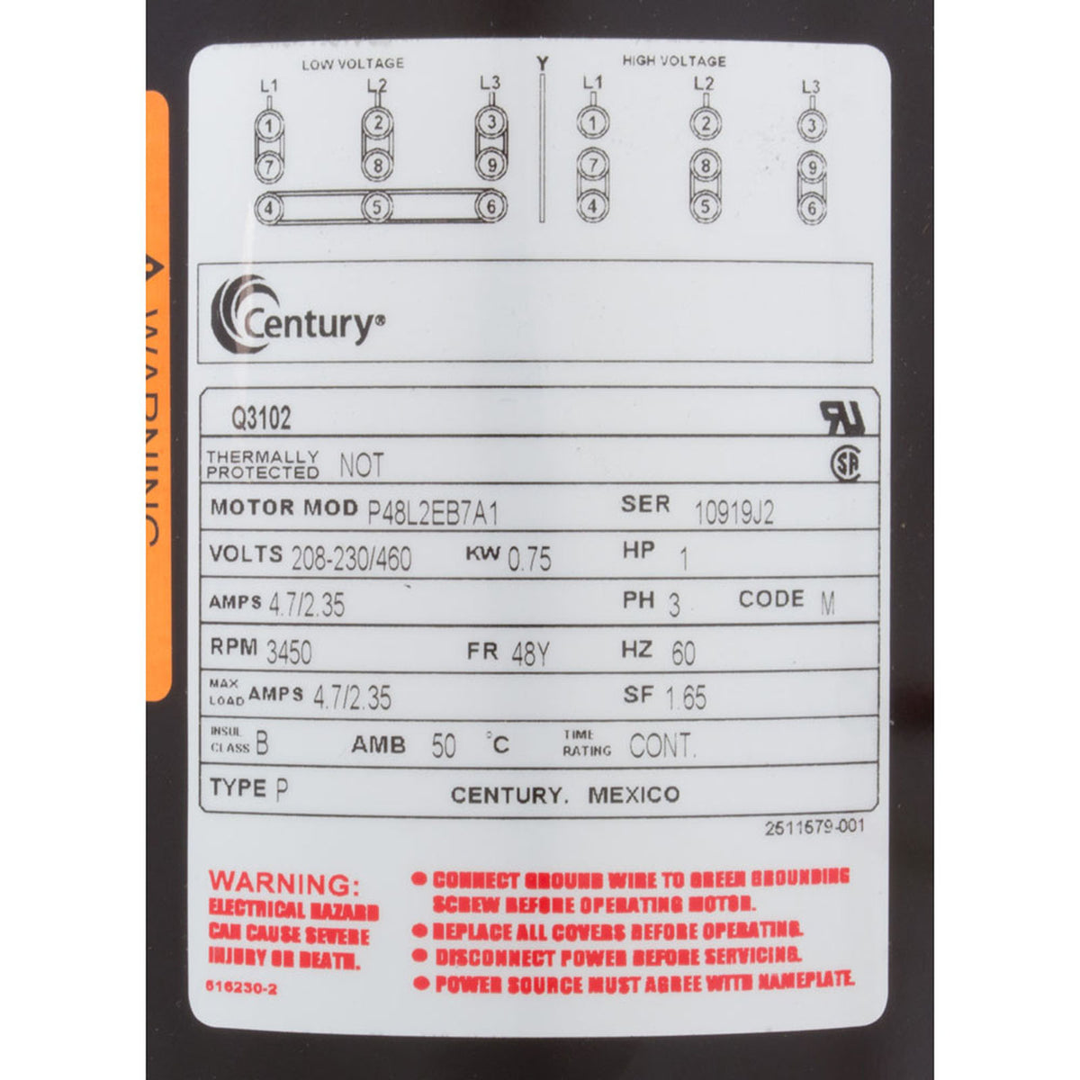 48Y Sq. Flange Century Three Phase 208-230/460V Replacement Motor